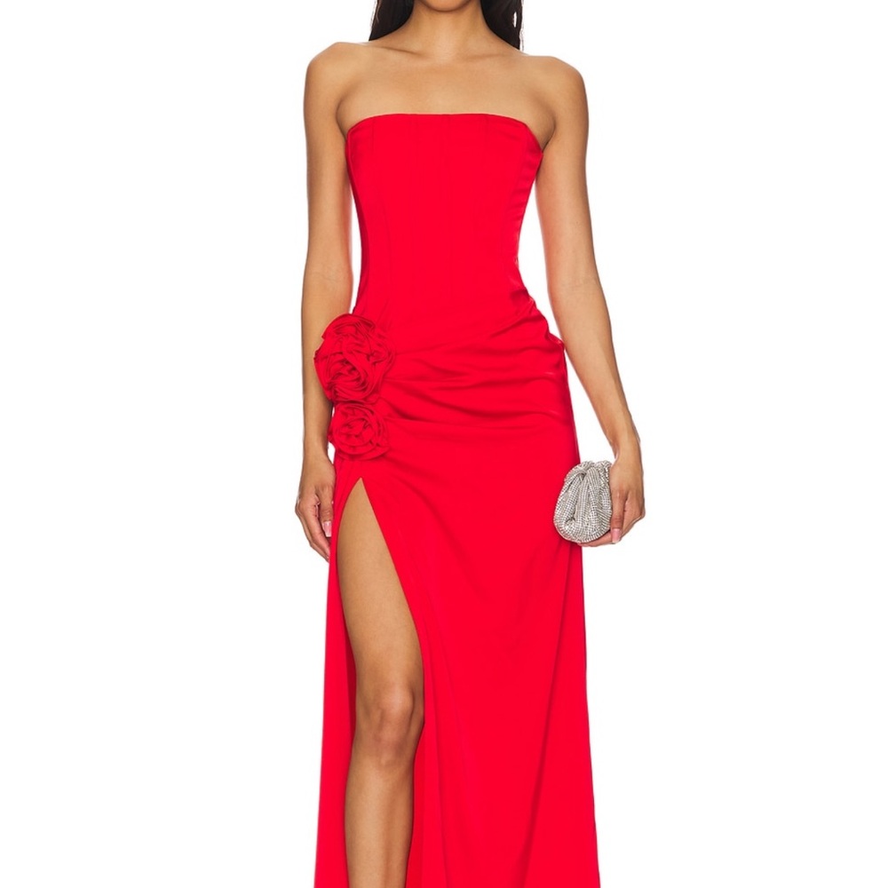 NBD Strapless Red Gown with Floral Detail